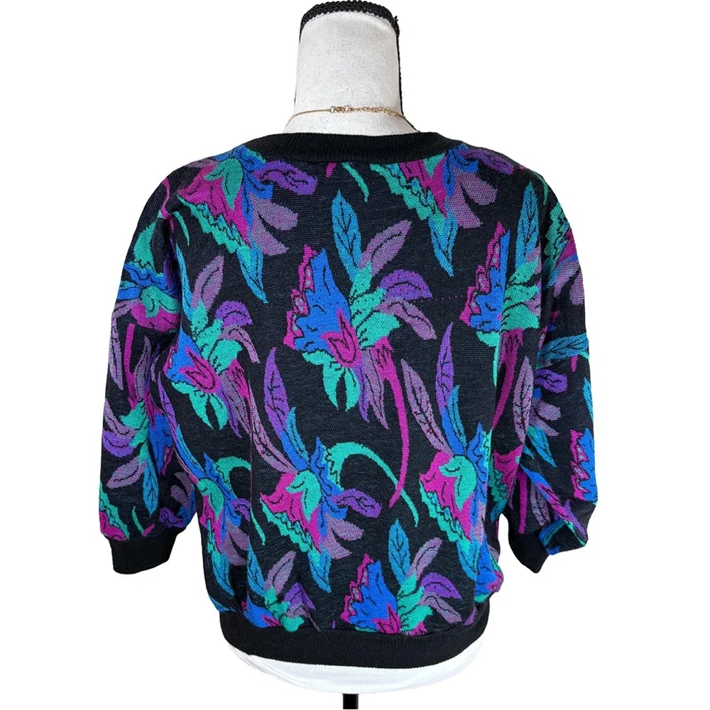 Vintage 80s Memphis Jazz Knit Sweater | Abstract Floral Neon Print | Made in USA